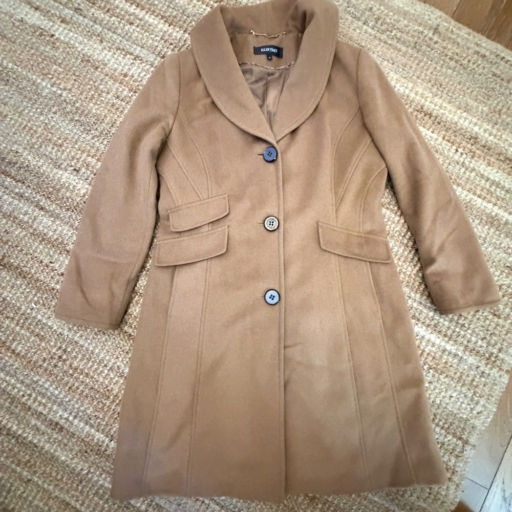 Ellen Tracy Women Camel Tan Wool Blend Shawl Collar Coat Size 14